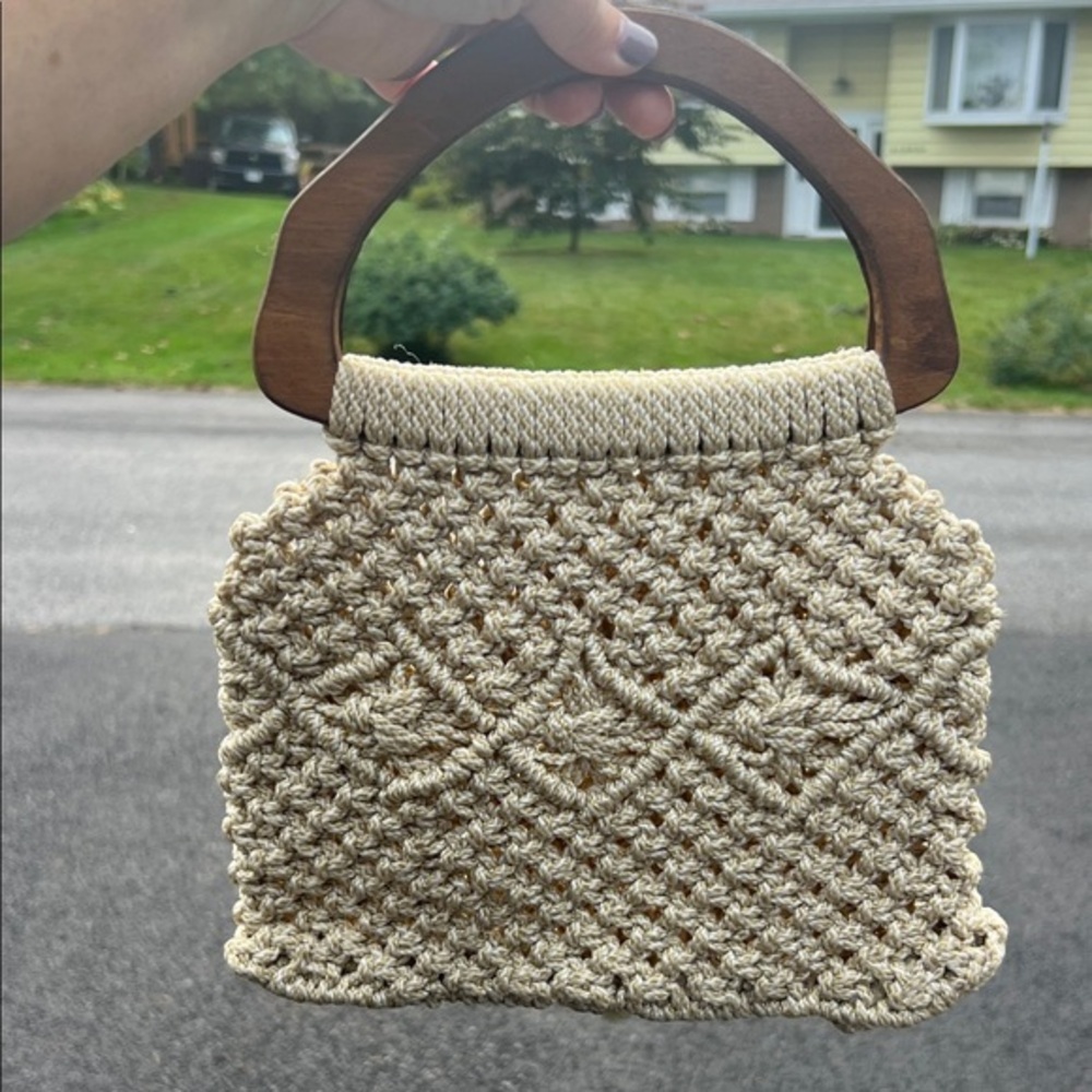 Handcrafted Beige Crochet Bag with Wooden Handle
